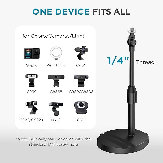 InnoGear Webcam Mount for Desk, Table Telescopic Webcam Stand with Phone Holder for Camera Webcam C922 C930e C920S C920 C615 C960 C920x BRIO 4K NexiGo N60, Right Light, GoPro with 1/4" Thread