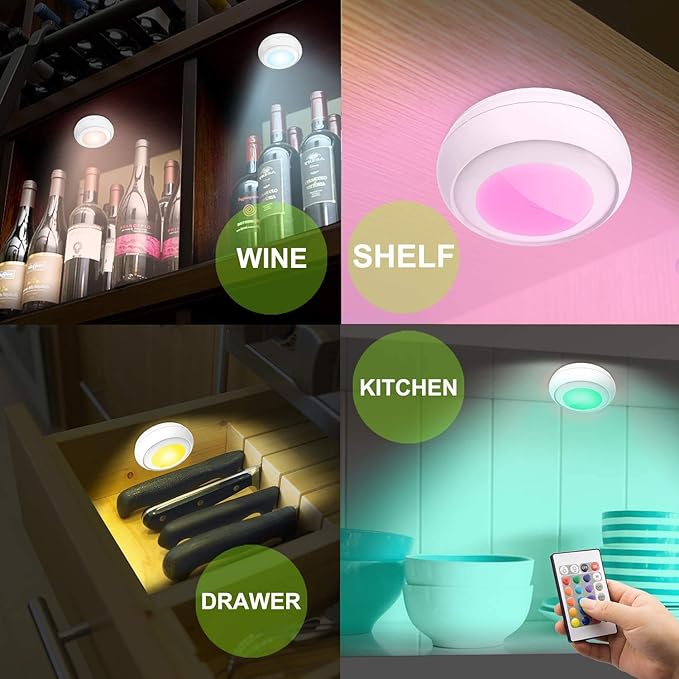 Battery LED Color Puck Lights Stick Up Push Light with Remote 16 Color Changing LED Fairy Light Wireless Tap Dimmable Under Cabinet Nightlight Battery Powered RGB -4Pack