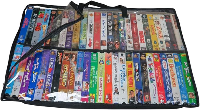 Evelots 2 Pack-VHS Movie Tape Storage Bag/Case, Clear PVC Plastic-Holds 100 Total, Strong Handles-No Dirt/Moisture/Dust
