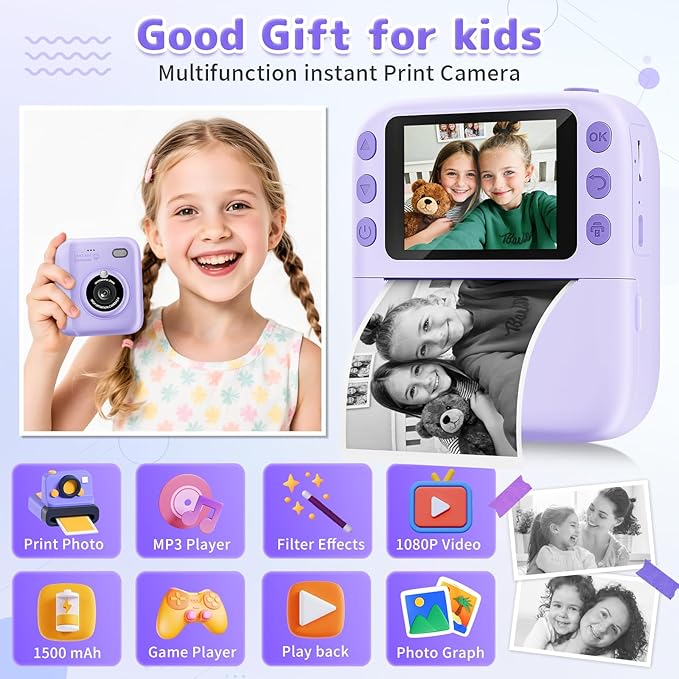 Instant Print Camera for Kids, Christmas Birthday Gifts for Girls Boys, 1080P Instant Digital Print Cameras for Toddler,Portable Toy for 4 5 6 7 8 9 10 Year Old Girl with 32GB SD Card，Purple