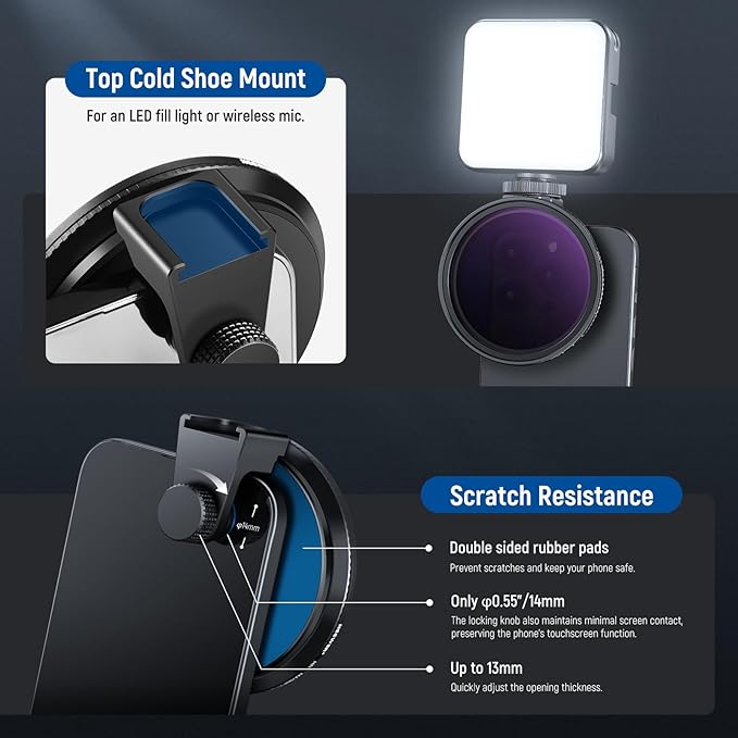 NEEWER 67mm Variable ND Filter with Cold Shoe Phone Lens Clip, HD Clip On Magnetic ND2-32 Filter Compatible with iPhone 17 Pro Max 16 15 14 Android Samsung Galaxy S24 S25 Ultra
