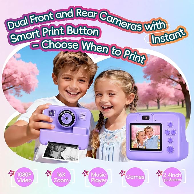 Kids Instant Print Camera, 1080P Selfie Video Camera with DIY Journal Kit – 200+ Accessories, Christmas & Birthday Gifts for Girls & Boys Ages 3-12 (Purple)
