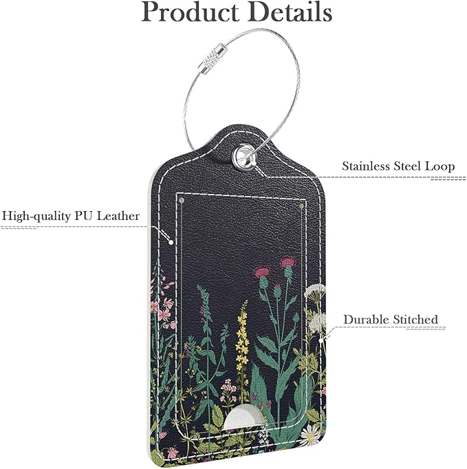 Luggage Tags for Suitcase, 2 Pack PU Leather Travel Cruise Luggage Tag with Privacy Flap, Name ID Label and Metal Loop for Women Men Suitcase Baggage Bag Backpack Instrument, Midnight Flowers