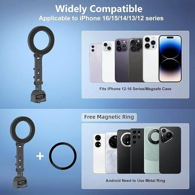 Magnetic MagSafe Tripod Mount Adapter Aluminum Phone Mount with 1/4” Screw & Cold Shoe Compatibility for iPhone 16/15/14/13 Series, DSLR Cameras, DJI Ronin, Canon/Nikon Photography Accessories