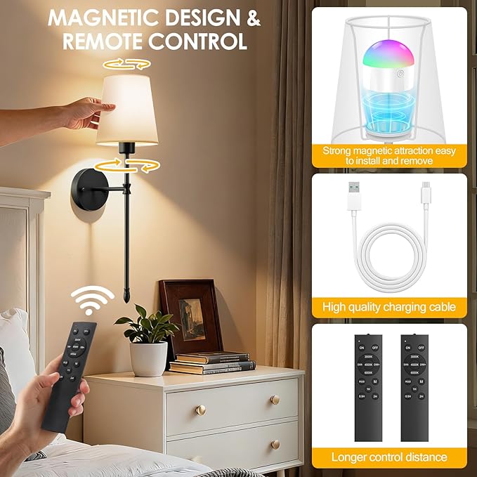 OCATO Battery Operated Wall Sconce: 10000mAh Wireless Wall Sconces Set of Two Rechargeable Lamp Dimmable Magnetic Lights with 7 RGB Colors and Remote Walls Decor for Bedroom Living Room Hallway