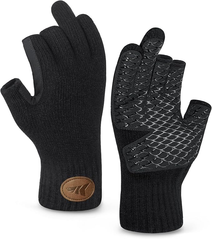 KastKing Bully Wooly 3-Cut Fingerless Wool Fishing Gloves, Cold Weather Warm Winter Gloves for Men & Women, Ice Fishing