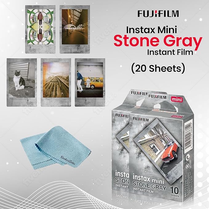 FUJIFILM Instant Mini Stone Gray Film Bundle 20 Shot with BluebirdSales Microfiber Cleaning Cloth, ISO 800, Credit-Card Size, Easy Load for All Instant MINI Cameras & Printers