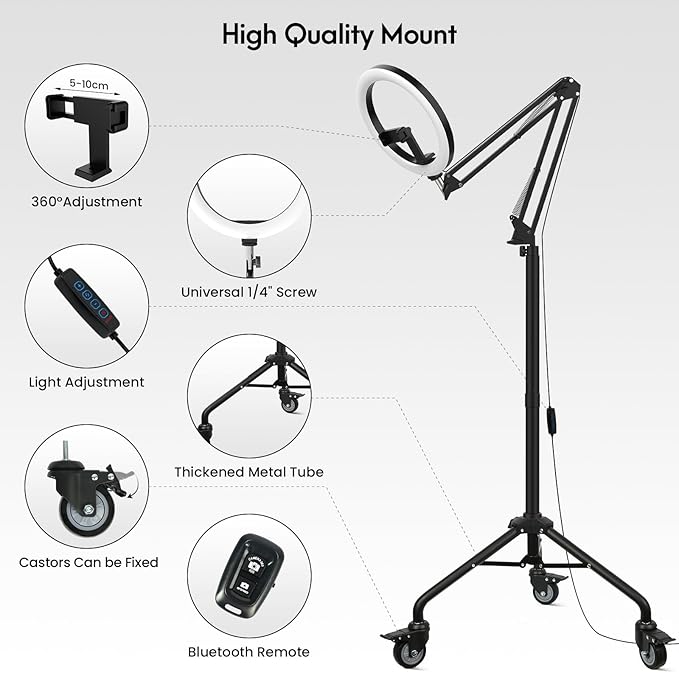 LUXSURE Tripod for iPhone with Ring Light, Overhead Camera Mount with Casters,LED Ring Light with Stand and Phone Holder,Phone Tripod with Light for Video Recording/Live Streaming/Cooking
