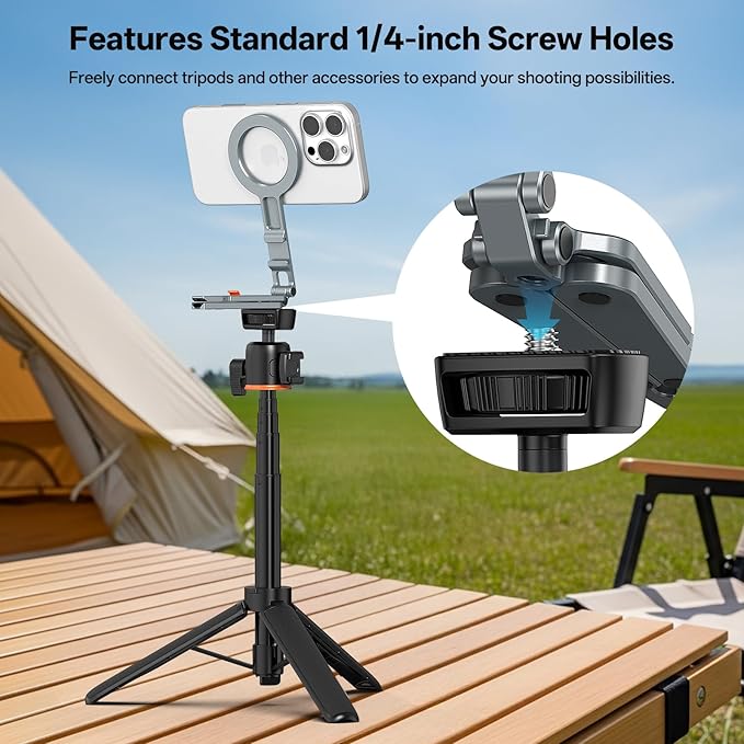 VRIG MG-34 Magnetic Phone Tripod Stand for iPhone, Aluminium Alloy Foldable Phone Stand for Desk/Handheld, 1/4'' Screw Hole, Cold Shoe Mount and Hook, Compatible with iPhone 17 16 15 14 13 12 Series