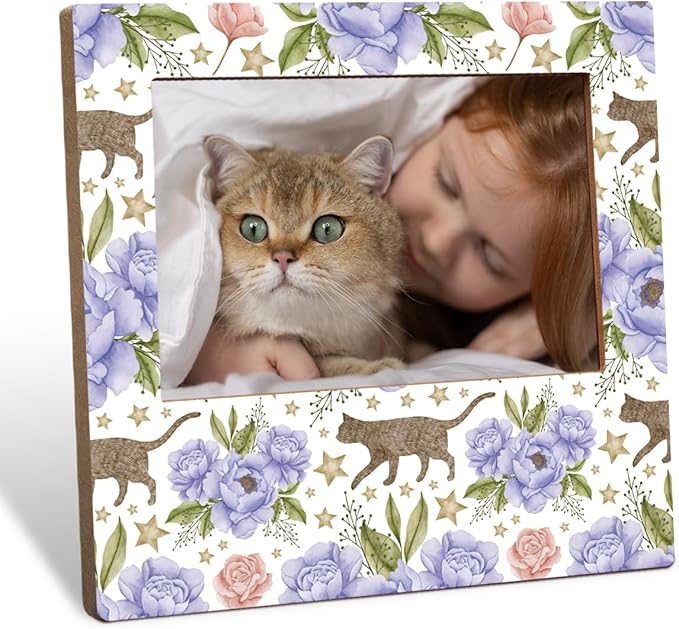Pet Lover Picture Frame 4x6 Pink Vintage Cat Pattern, Cute Decorative Photo Frame for Animal Owners, Desktop Tabletop Display Stand, Unique Home Decor Accent Gift for Cat Mom