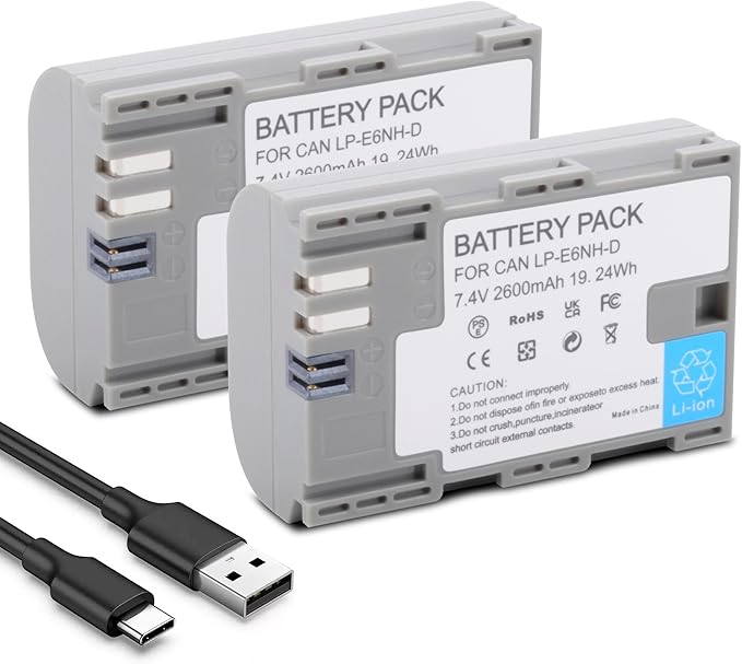 LP-E6NH 2600mAh USB-C Charging Rechargeable Camera Battery (2 Pack) for Canon EOS R, R5C, 5D Mark II, 5D III, 5D IV, 5DS, 5DSR, 6D, 7D, 7D II, 7D III, 80D, 70D, 60D, 60Da, XC10, XC15