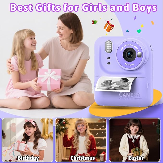 Okaloka Kids Instant Print Camera Toys,1080P HD Toddler Digital Video Camera,Christmas Birthday Gifts for Girls Boys Age 3-12 Year Old - 32G SD Card Included (Purple)