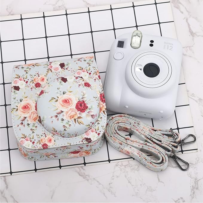 Frankmate Protective Case Fit for Fujifilm Instax Mini 12 11 9 8 Camera, PU Leather Camera Bag with Pocket and Adjustable Shoulder Strap (Retro Rose)
