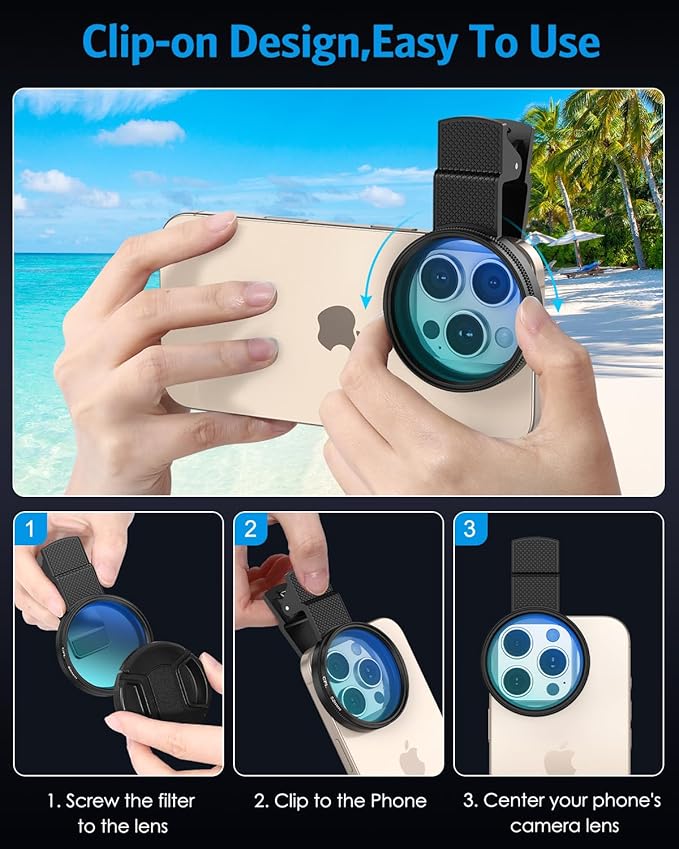 AMIR 52MM Clip-on CPL Phone Camera Lens Filter, Circular Polarizer Filter, Phone Lens Filter Kit Compatible with iPhone 17 16 15 14 13 12, Google Pixel and Other Android Smart Phones