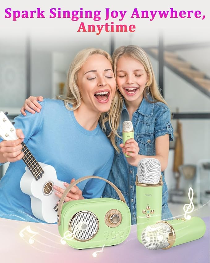 PRUNUS C20 Mini Karaoke Machine,Valentines Day Gifts for Her Him Kids Mens,Portable Bluetooth Speaker with 2 Wireless Microphone for Boys Girls 3-12+ Years Old Birthday Party Green