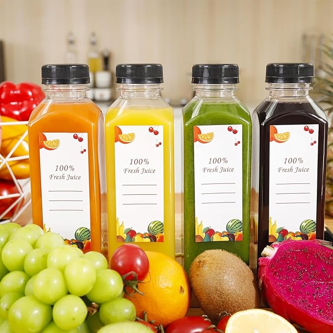 OBKJJ 40 pcs 16oz Pcs Juice Bottles, Juice Bottle with Caps Reusable Empty Clear Bottles with Label, Funnel, Brush Bulk Beverage Containers for Juicing, Drinking, Smoothie and Other Beverages (16-OZ)
