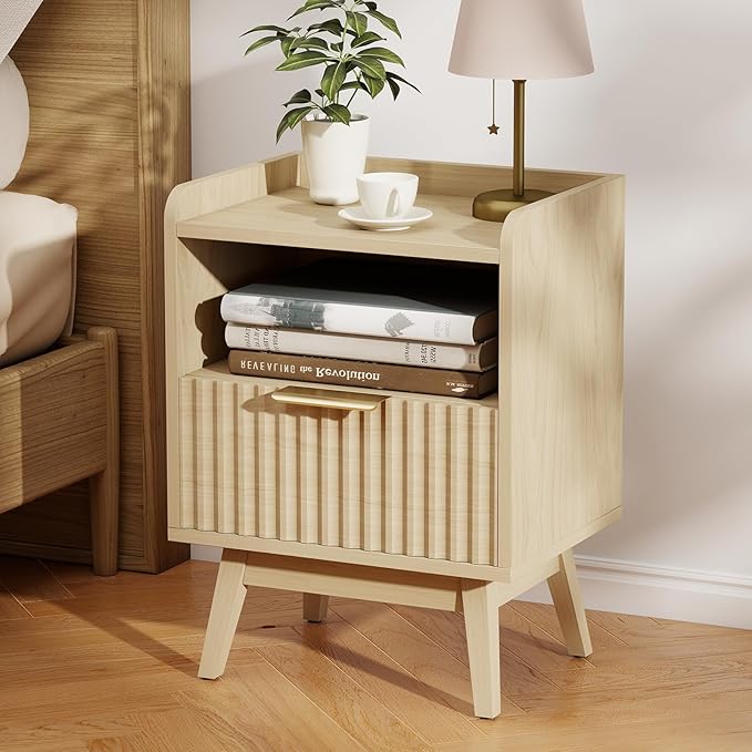 Modern Fluted Nightstand with Drawer and Open Storage Shelf, Bedside Table with Raised Edge, Boho Night Stand with Solid Wood Legs & Metal Handle, End Table for Bedroom Natural