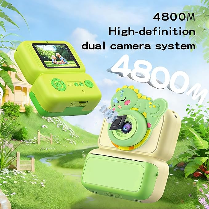Kids Camera Instant Print, Instant Camera with 4 Roller Photo Paper & 32GB Card, 1080P Dual-Lens Digital Camera for Kids, Boys and Girls Toys Gifts for Teenage Girls Kids Toys for Ages 8-13 (Beige)