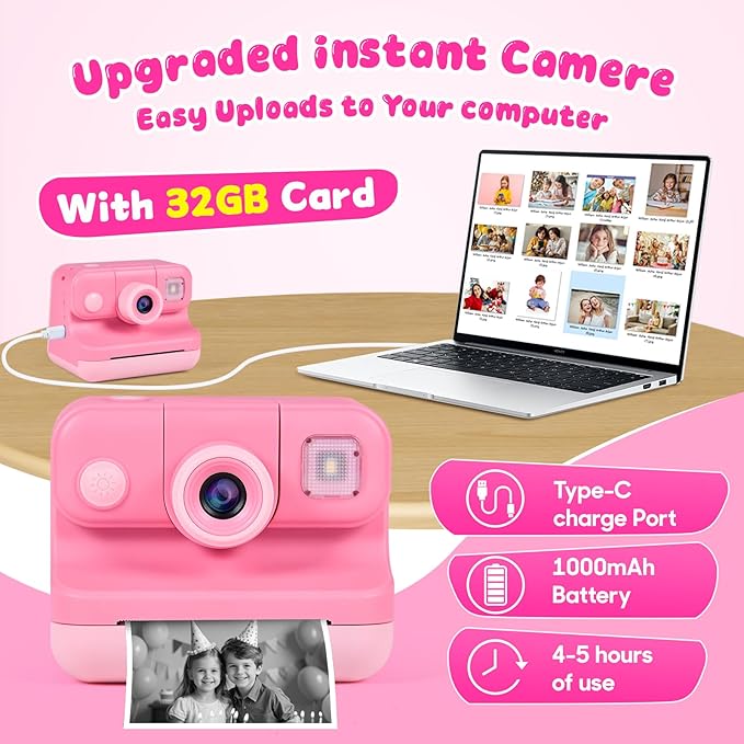 Kids Instant Print Camera with Carrying Bag, 1080P HD Girl Camera with 4 Print Paper Rolls, Color Pens & 32GB Card, Christmas Birthday Gifts Kids Girl Toys for 3-12 Years Old (Pink)