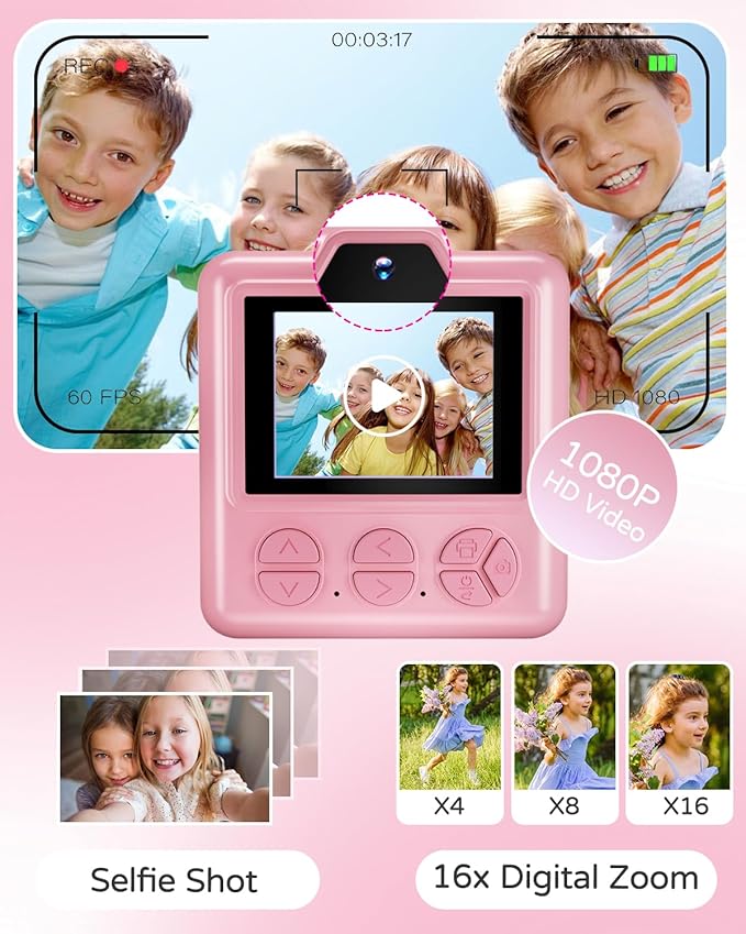Instant Print Camera for Kids, Digital Selfie Cameras with Carry Case & 5-Color Paper, Portable Toddler Toy Christmas Birthday Gifts for 3 4 5 6 7 8 9 10 11 12 Year Old Girls - Pink