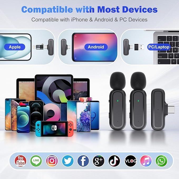 2 Pcs Wireless Lavalier Microphone for iPhone iPad Android PC, Mini Mic with Charging Case, 8H Battery, 65ft Range, USB-C, Clip-On Noise Reduction Mics for Vlogging, TikTok, YouTube, Video Recording