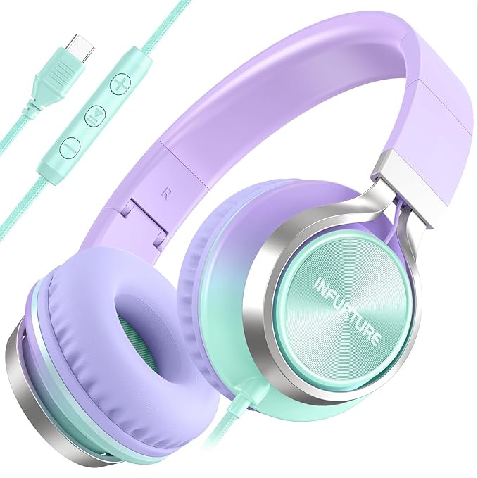 USB C Headphones Wired with Mic & Volume Control, Tangle-Free, Type C Over-Ear Headphones, Lightweight/Foldable Kids Headphones Wired Headphones USB C for iPad/Sports/School/Travel/iPhone 17/16/15