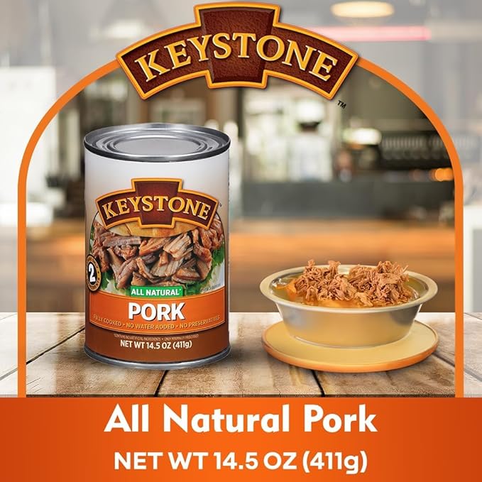 Keystone Meats 24 Cans Variety Pack – All Natural Fully Cooked Canned Meat (6 Beef, 4 Chicken, 4 Turkey, 4 Pork –14.5 oz | 6 Ground Beef –14 oz) – Pantry Staple, Emergency, Camping 5 Years Shelf Life