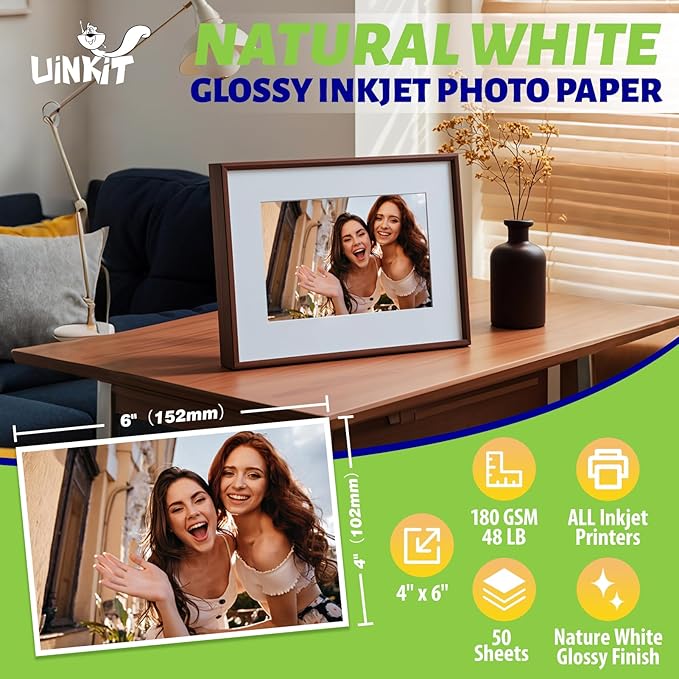 Uinkit Bright White Single Sided Glossy Photo Paper - 4x6 Inch 180gsm (48lb), 50 Sheets Instant Dry Dye Inkjet Paper, Scratch Resistant Professional Photo Printing for Home DIY Memories