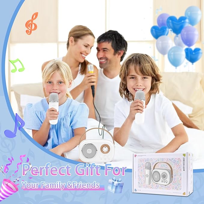 Mini Karaoke Machine for Kids,Portable Bluetooth Speaker with 2 Wireless Microphone,Toys for Girls Boys Gifts,Retro Speaker Set Stereo Sound Enhanced Bass for Home Party Birthday (White)