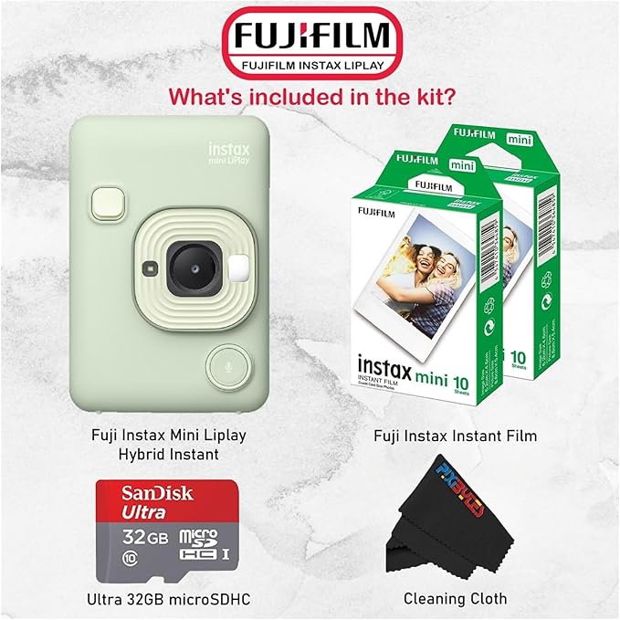 Fujifilm Mini LiPlay Hybrid Instant Camera with Mini Film, 32GB microSD Card, Charging Cable, Hand Strap and Pixibytes Microfiber Cleaning Cloth... (Matcha Green + 40 Sheets)
