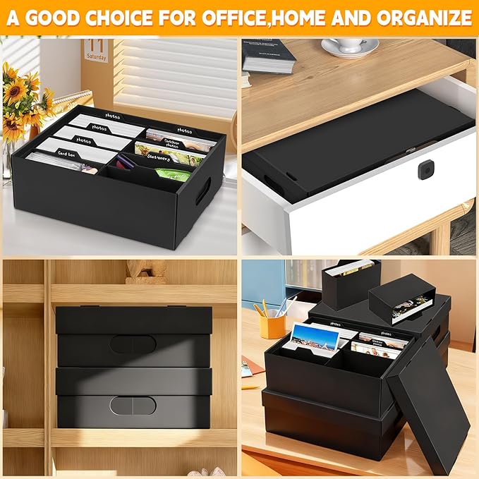 ATPWONZ 4 PCS Photo Storage Box for 5"x7" Photos, with 32 Inner Picture Boxes, 15“ x 10.3“ x 6.1“ Photo Organizer Box, Portable Scrapbook Photo Boxes with Lid, for Photo Stickers Stamps Seeds(Black)