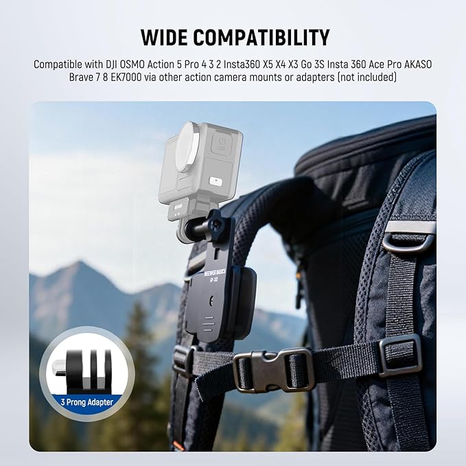 NEEWER Basics Backpack Strap Clip Clamp Mount Holder, Three Prong Adapter Compatible with GoPro Hero Insta360 DJI AKASO Action Camera Accessories for POV Video Recording, GP-102