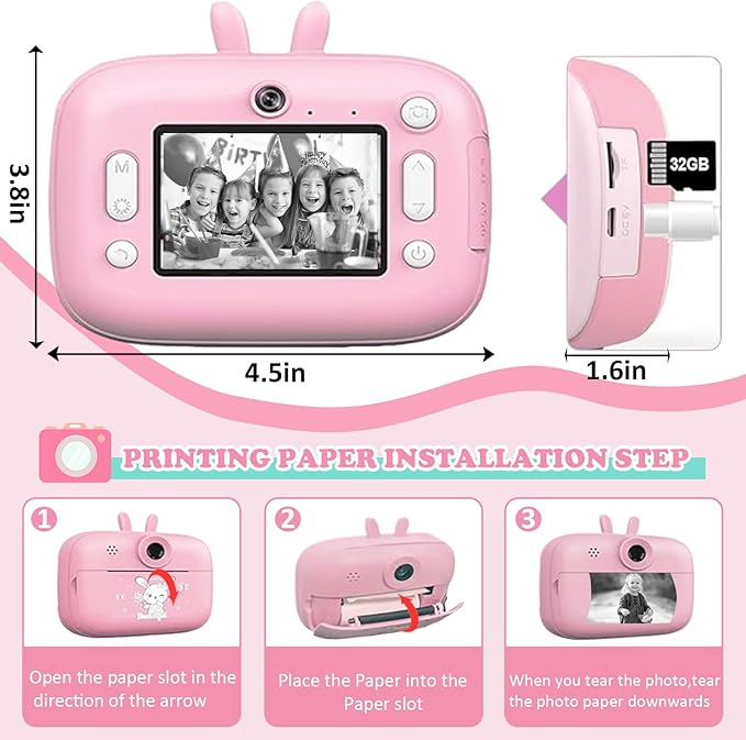 Instant Print Camera for Kids, Toddler Cameras Christmas Birthday Gifts for Boys Age 3-12, 1080P HD Digital Video Cameras for Toddler,Kids Portable Toy with 3 Rolls Photo Paper 32GB SD Card (Pink)
