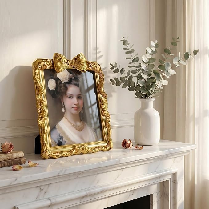 8x10 Picture Frame Gold Bow Frames, Vintage 8 by 10 Photo Frame with Bowknot Design, Ornate Handcrafted Resin Antique Frame with Glass Front for Wall and Tabletop Display, Home Decor, Gift Ideas