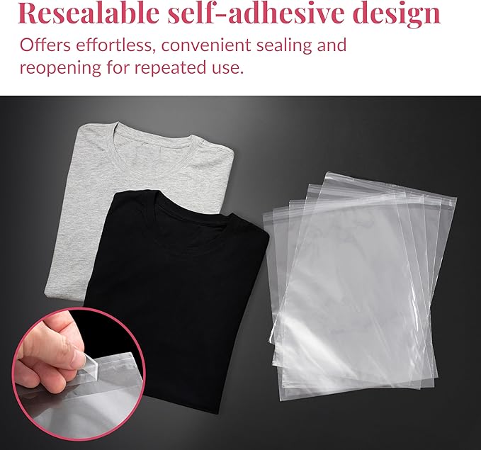 Prestee Self Sealing Cellophane Bags 11x14 Inches - 200 Pack Clear Poly Bags for Shirts, Treats, and Gifts - Self-Sealing and Twist-Tie Closure - 100% Polypropylene - Food-Friendly Cello Bags