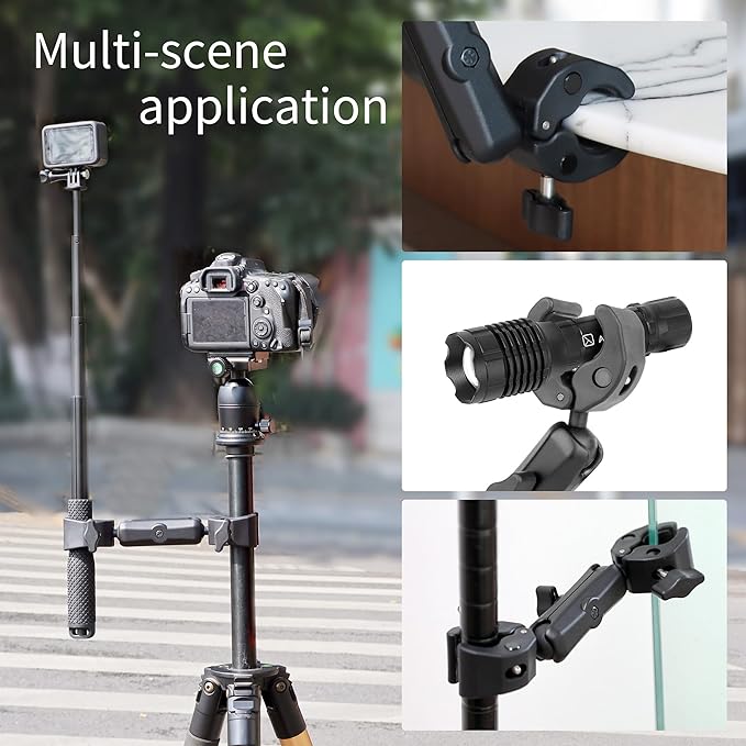 SOONSUN Double Super Clamp Camera Mount, Umbrella Clamp for Chair, Desk, Stroller, Wagons, Tripod, Pole, Light Stand, Cross Bar, Golf Cart, Motorcycle, Boom Stand, with 360° Magic Arm for Photography