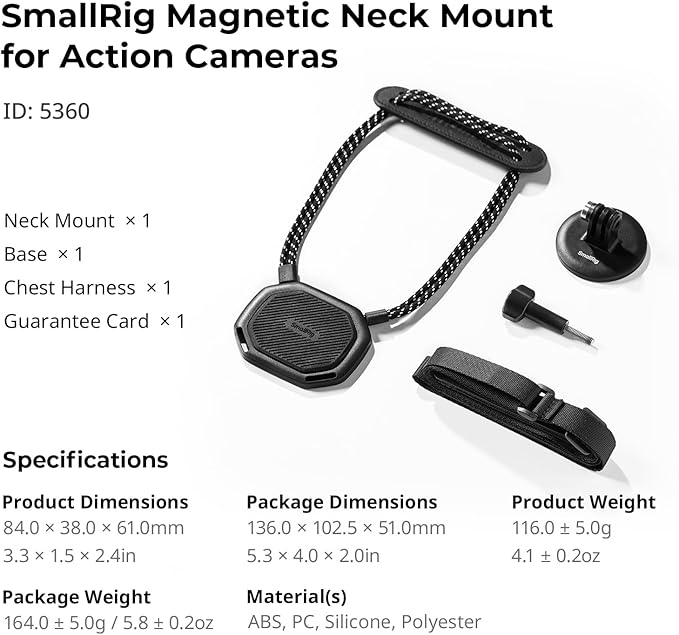 SMALLRIG Magnetic Neck Mount for Action Cameras, Quick Release Chest Mount with Strap, POV Vlogging for GoPro Hero 13/12/11/10/9, for DJI Osmo 360/Nano/Action 6/5 pro/4/3, for Insta360 Ace Pro 2-5360