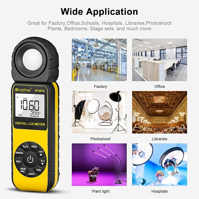 HOLDPEAK Digital Light Meter, Digital Illuminometer/Light Meter with 1~300,000 Lux (1~30,000 FC) Measuring Ranges and 270° Rotated Sensor for LED Lights and Plants Lumen Meter, 881E