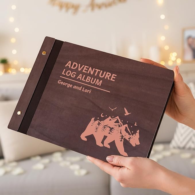 Wooden Travel Photo Album, Vintage Custom Travel Scrapbook Adventure Scrapbook, Vacation Photo Album With Name, Anniversary Memory Book Adventure Book for Couples Travelers