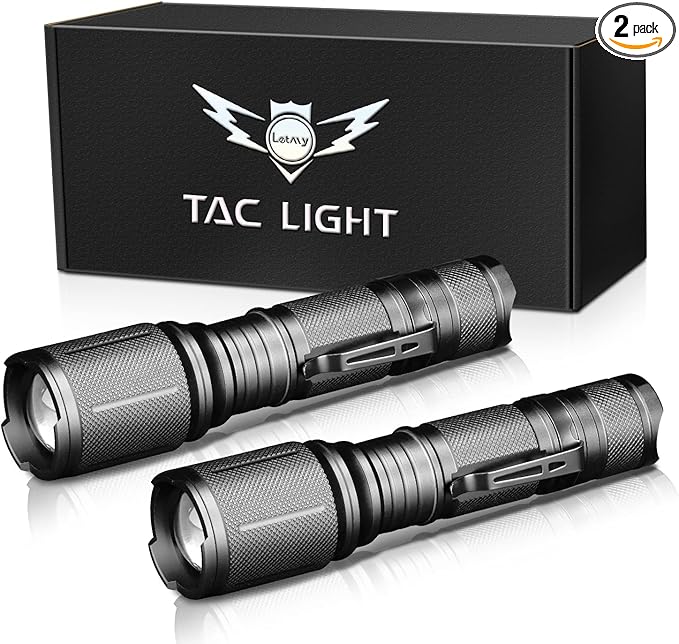 LETMY LED Flashlight High Lumens 2 Pack - 5000 Lumens Super Bright Tactical Flashlights - Zoomable, 5 Modes Flash Light, Waterproof Powerful Flashlights for Hurricane Home（Battery Powered-Black）