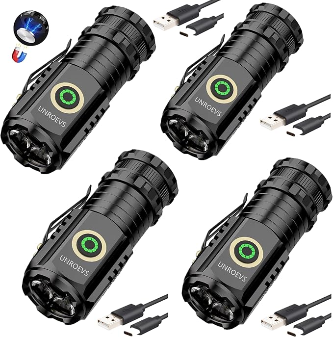 Mini Flashlight 2550 Lumens Rechargeable USB C Charging, Small High Lumens 5 Modes Pocket Flash Light with Clip, Magnetic for EDC, Camping, Hiking, Emergency (4 Pack)