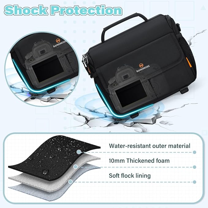 RAINSMORE Camera Bag for DSLR SLR Mirrorless Camera,Small Camera Sling Bag for Photographers Waterproof Camera Case with Tripod Holder Compact Camera Bag Crossbody with Rain Cover Black