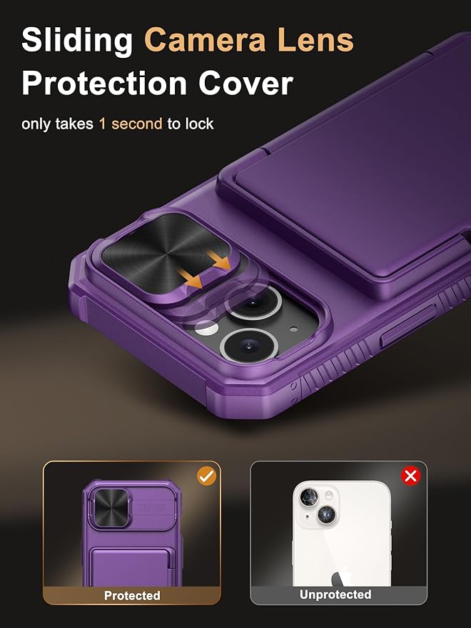 Vihibii for iPhone 15/14/13 Wallet Case, Built-in Card Holder (4 Cards), RFID Blocking & Slide Camera Cover, Military Grade Drop Protection, Rugged Hard Phone Case, Dark Purple