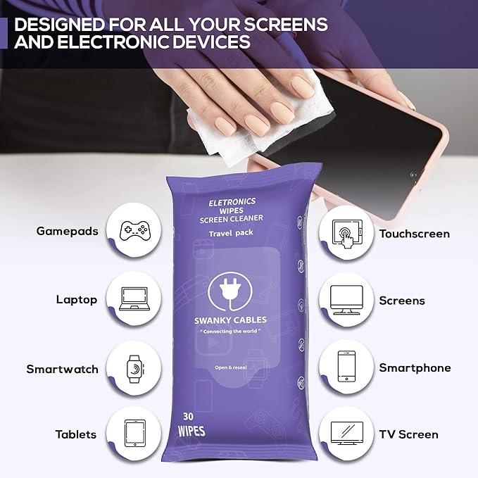 Swanky Cables Screen Cleaner Wipes: Electronic Wipes for Screens - Computer Screen Wipes for Lens, Phone, Tv Screen and Monitor Cleaning - Tech Wipes & Microfiber Cloth (Soft Wipes, 300 Count)