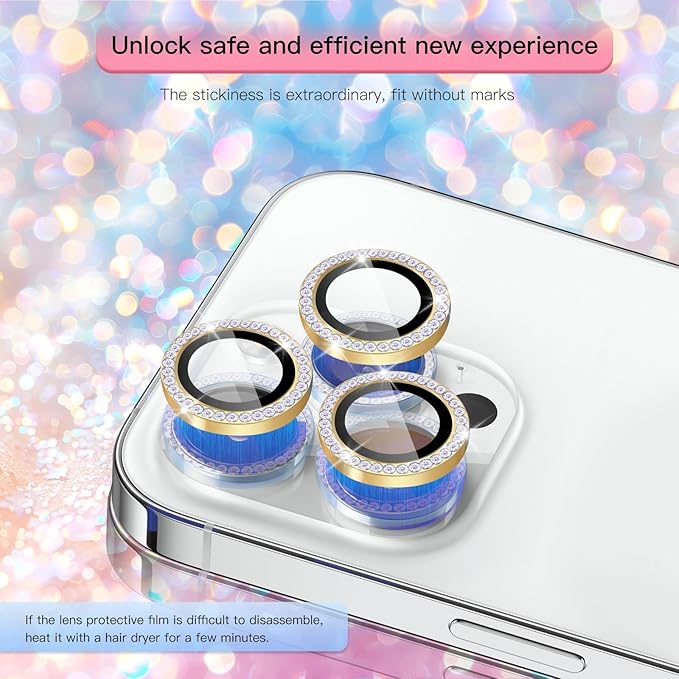 Bling Camera Lens Protector for iPhone 16 Pro/16 Pro Max,9H Tempered Glass HD Clear,Diamond Golden Aluminum Alloy Ring,Scratch Resistant(Diamond Golden)