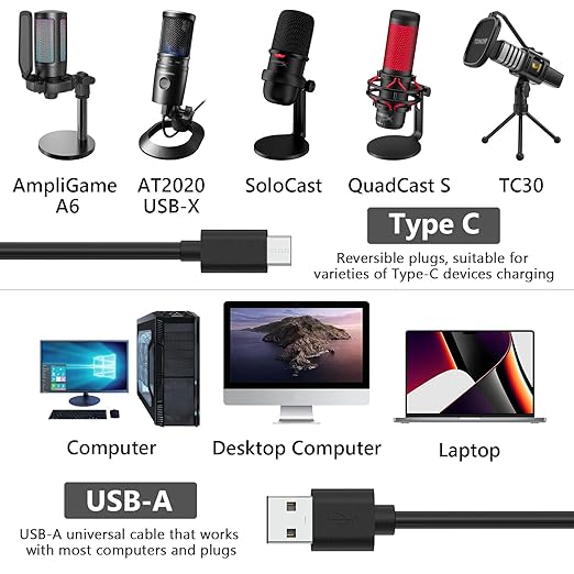 GEEKRIA for Creators USB A to Type C Microphone Cable 10 ft / 3 M, Compatible with Fifine AmpliGame A6, HyperX QuadCast S, SoloCast, Logitech G Yeti GX, TONOR TC30 Mic Cord (Black)