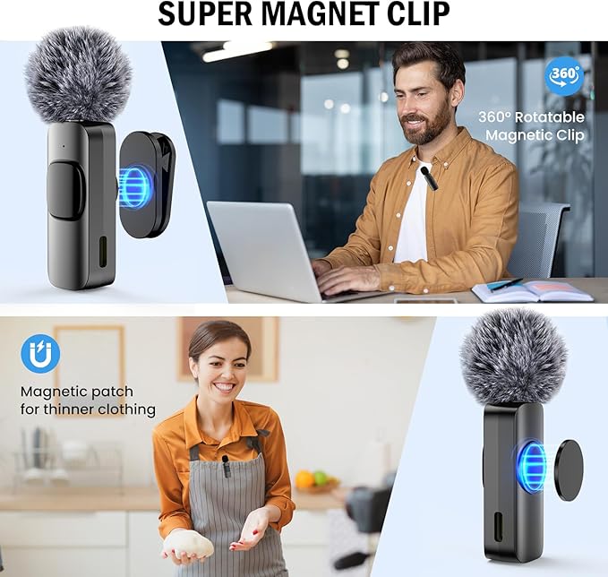 2-Pack Wireless Lavalier Mini Microphone for iPhone, Android, Active Noise Cancellation, Magnetic Lapel Microphone for TikTok, YouTube, Video Vlog, Interviews, Live Streaming (2-in-1 RX)