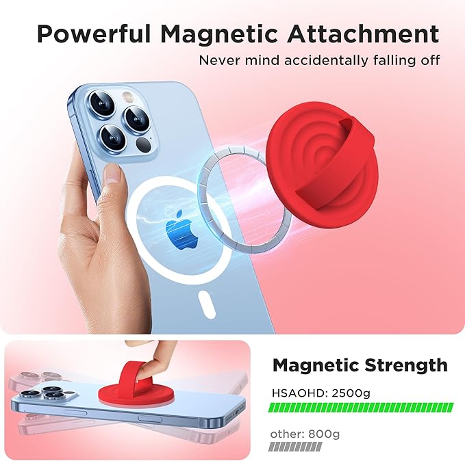 Upgraded Magnetic Phone Grip, Liquid Silicone Soft and Portable, Removable Finger Loop Ring Grip Holder for iPhone, Strong Magnetic Attraction, Compatible with MagSafe Phone Case, Red