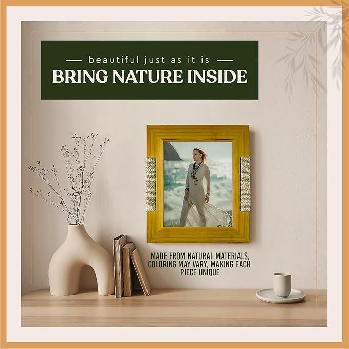 Rattan and Wood Picture Frame for 8x10 Inch Photo or Artwork - Boho, Coastal, or Beach Photo Frame, Wooden Decorative Frames for Natural Modern Tabletop Stand and Wall Mount - Golden Brown