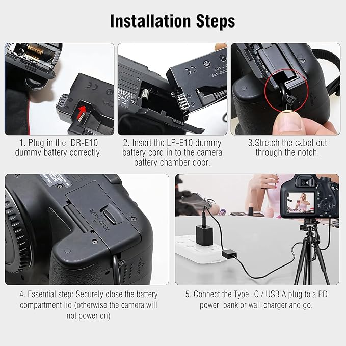 DR-E10 DC Coupler LP-E10 Dummy Battery USB C Cable Replace ACK-E10 AC Power Adapter Compatible with Canon EOS Reble T7 T6 T5 T3 T100 1100D 1200D 1300D 1500D 2000D Kiss X50 X70 X80 X90
